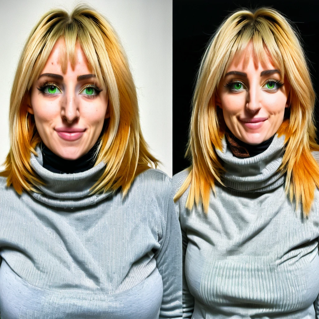 shaggy bearded woman with huge beard, blonde long hair, light dream green eyes, skinny anorexic wears a turtleneck sweater, happy to receive her minoxidil package