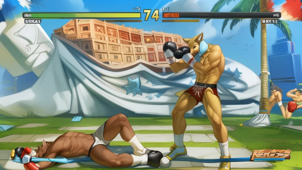 a detailed picture of a boxing match (male anthros, two boy), slim body, slim features, in a boxing ring, Ross Tran, ruan jia, trending on artstation, foxovh,User Interface of Fighting game, Crisis, assorted poses, assorted expression, full body, sound effects, motion blur, from side, ((yellow wolf, blue shorts, shirtless, abs, chest, knocked out on the floor)), (((gray wolf, white shorts, boxing pose))) “VS”