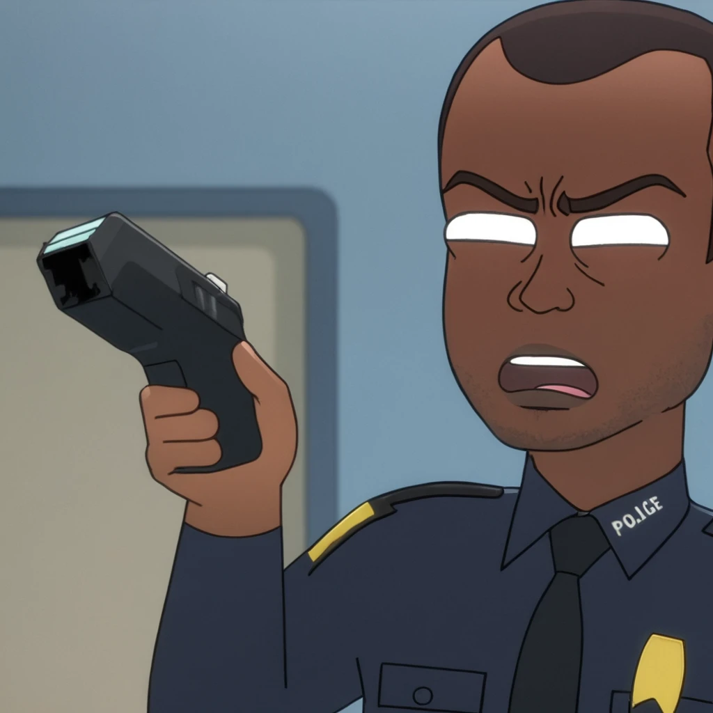 close-up of a black man with big forehead, wearing police clothes , Police background, with stun gun.