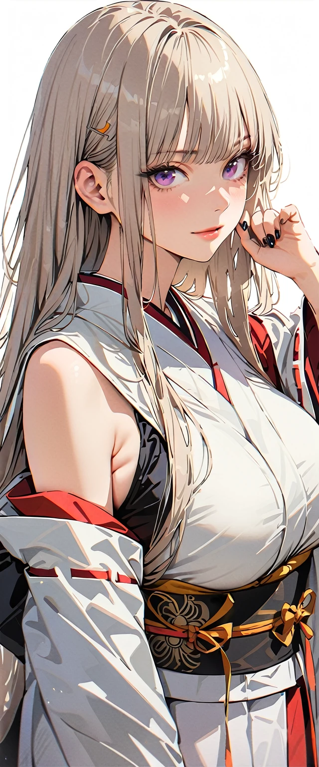 20 years old,1 mature woman,hyperrealistic, 8k, (extremely detailed 8k), (very delicate and beautiful), (masterpiece), (better quality:1.0), (ultra high resolution:1.0), (masterpiece, best quality),cute,white hair,model posing,white background,realistic skin,Combat Readiness,big breast,hime cut,black nail,extra long hair,japanese shrine miko,full body