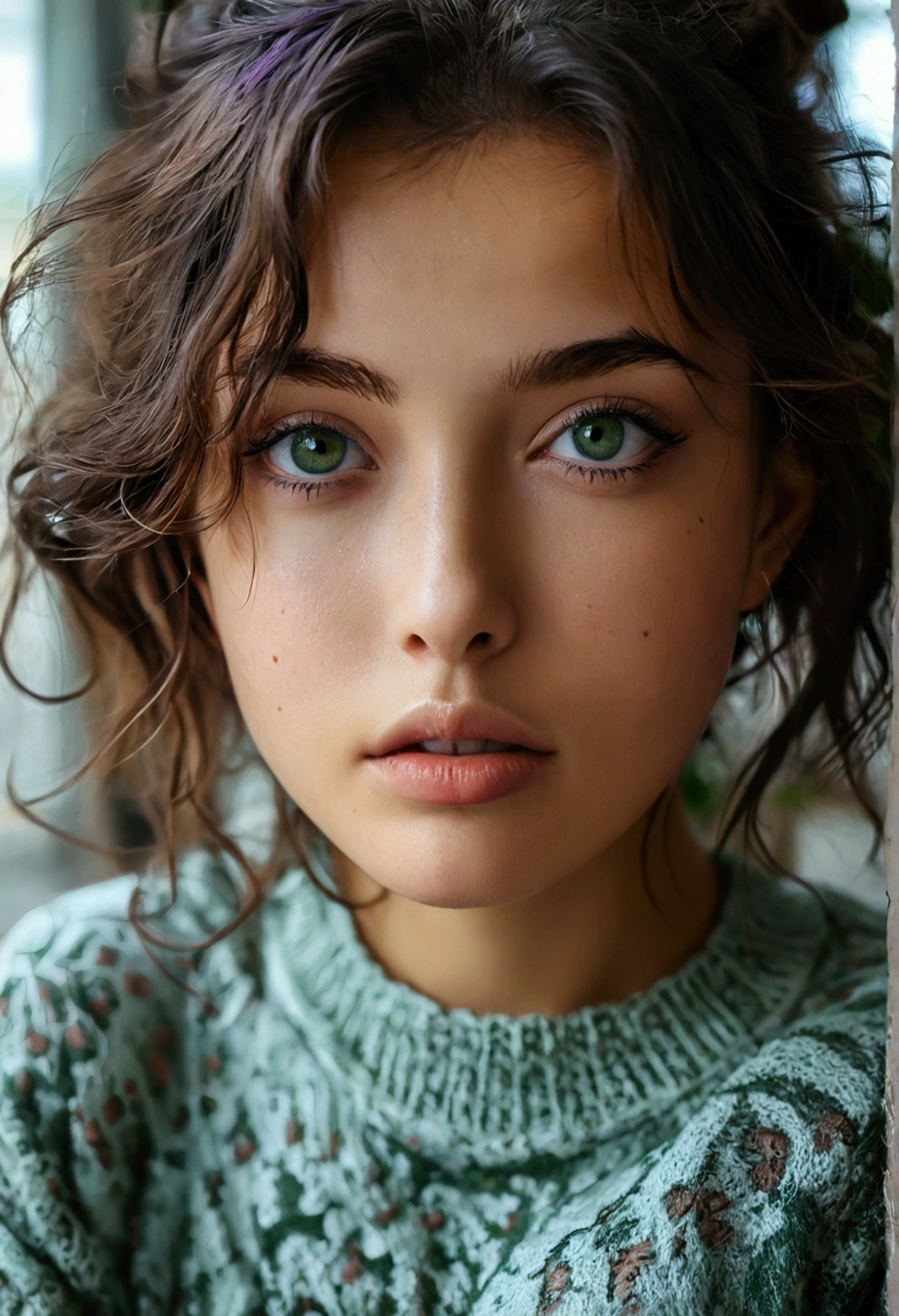 Femme latina  avec un pull noir  aux yeux verts, portrait sophie mudd, cheveux bruns et grands yeux, Selfie d’une jeune femme, Yeux de chambre, violette myers, sans maquillage, Maquillage naturel, Regarder directement la caméra, Visage avec Artgram, Maquillage subtil, Superbe photo du corps entier, yeux verts perçants, Bel angle, pose attrayante, fille mignonne, pose sexy, Image du corps entier, corps entier, Prise de vue du corps entier, Déesse brune, détail élevé, pose satisfaite, Pantalon en cuir