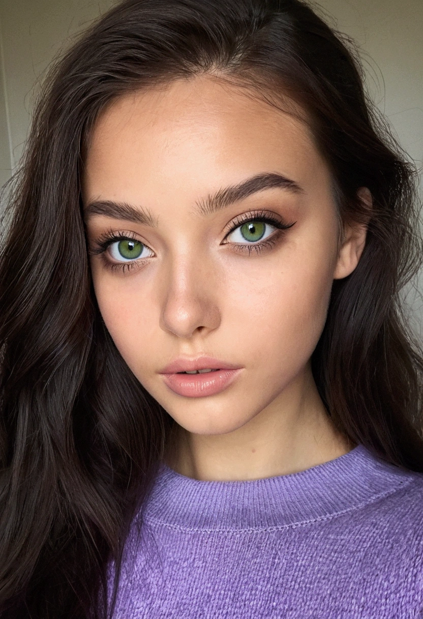 Femme latina  avec un pull noir  aux yeux verts, portrait sophie mudd, cheveux bruns et grands yeux, Selfie d’une jeune femme, Yeux de chambre, violette myers, sans maquillage, Maquillage naturel, Regarder directement la caméra, Visage avec Artgram, Maquillage subtil, Superbe photo du corps entier, yeux verts perçants, Bel angle, pose attrayante, fille mignonne, pose sexy, Image du corps entier, corps entier, Prise de vue du corps entier, Déesse brune, détail élevé, pose satisfaite, Pantalon en cuir