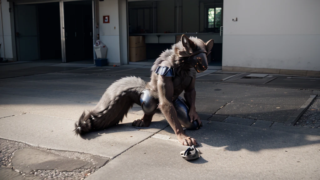 A strong, naked, werewolf, showing his penis, knelt on the ground