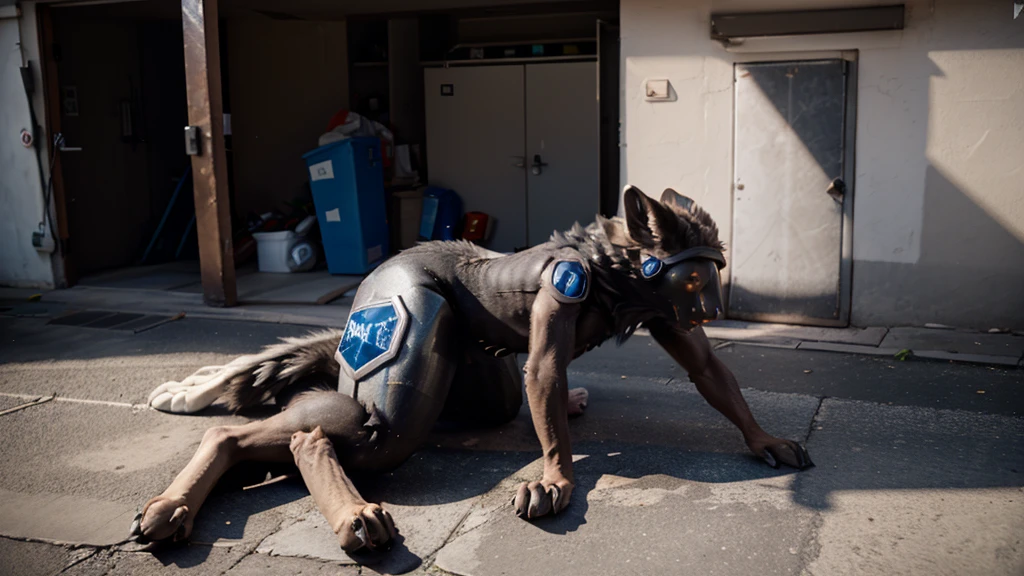 A strong, naked, werewolf, showing his penis, knelt on the ground