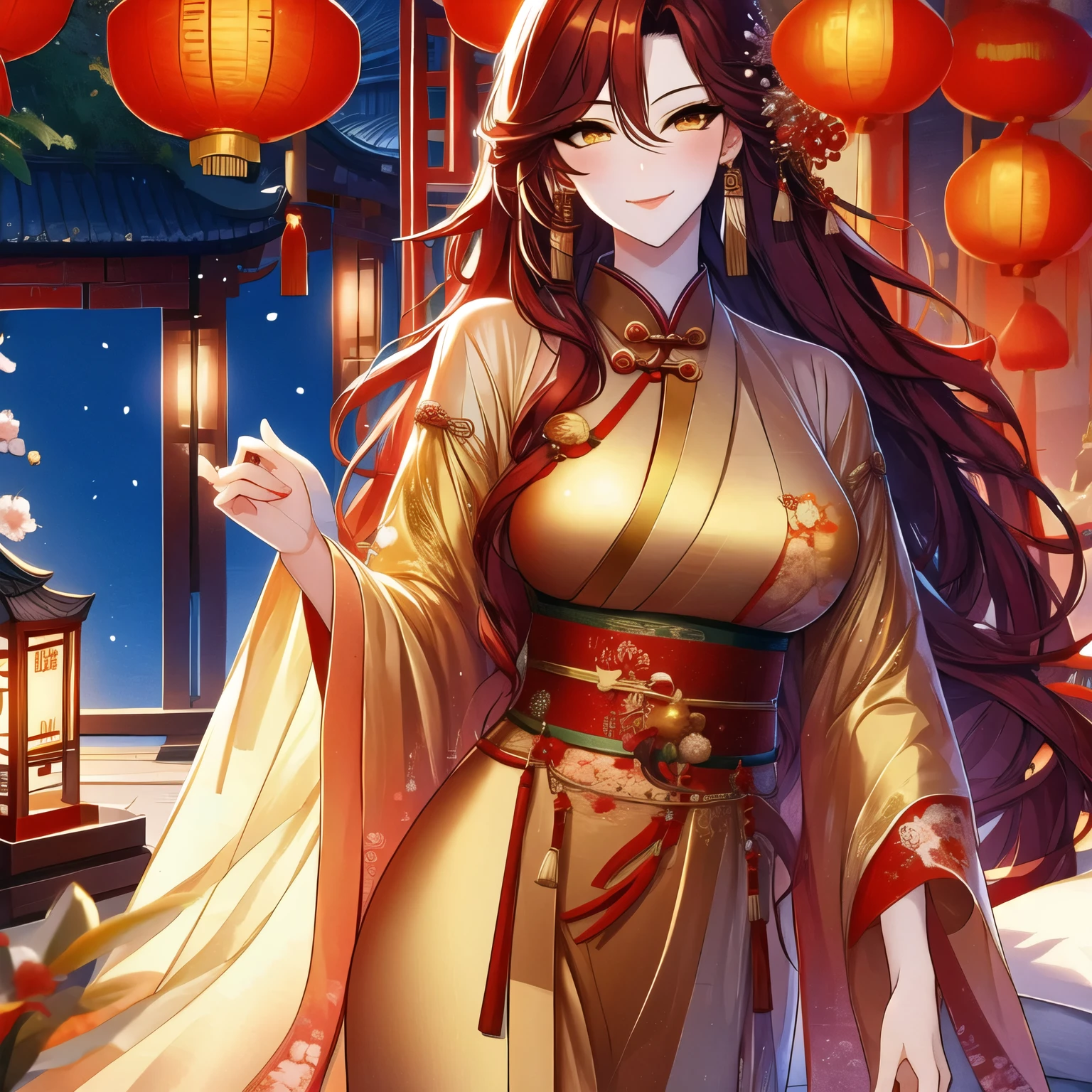 (masterpiece, best quality: 1.2), 1women, Xian mei, individual golden eyes, long red curly hair, jewelry, perfect anatomy, traditional Chinese hanfu, holding mango branch, sexy, hot, beautiful background