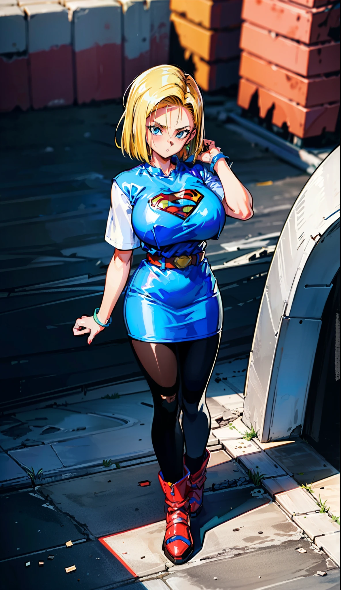 supergirl, pureerosface_v1, sticker of a girl from dc comic, full body, Kim Jung gi, , (gigantic breasts breasts 2.0),soul, digital illustration, comic style, cyberpunk, perfect anatomy, centered, approaching perfection, dynamic, highly detailed, watercolor painting, artstation, concept art, smooth, sharp focus, illustration, art by Carne Griffiths and Wadim Kashin ,, (masterpiece, best quality, ultra-detailed, best shadow),, In the style of Neon Genesis Evangelion, you find yourself standing on a desolate, post - apocalyptic wasteland, as the distant ruins of a massive city loom on the horizon. The sky is filled with ominous clouds, as a massive creature towers in the distance, huge breast, gigantic , titsnipples, curvy, thicc