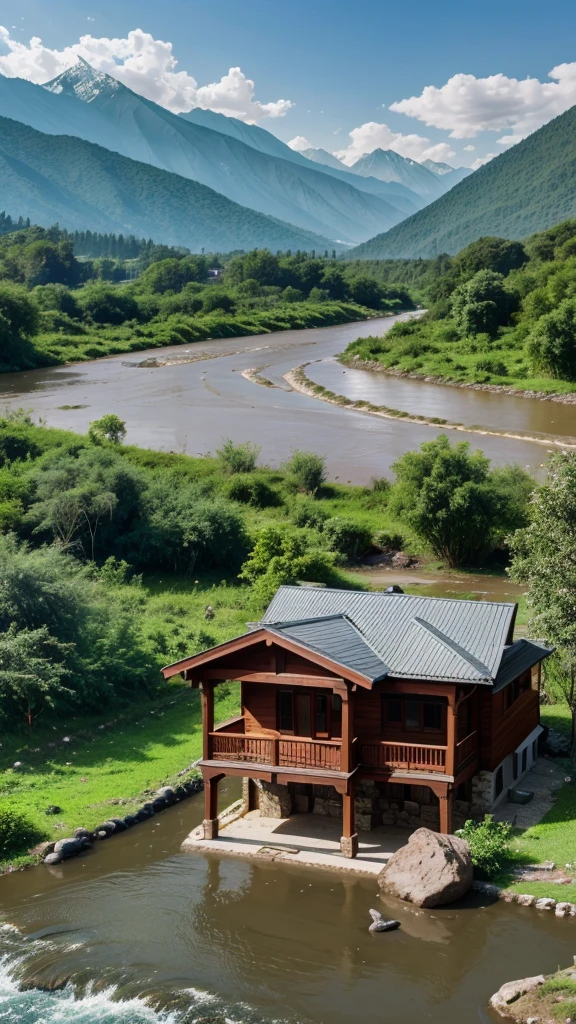 A house which is in the middle of the forest and there is a river near that house and mountains behind us ghar ke 4k image 