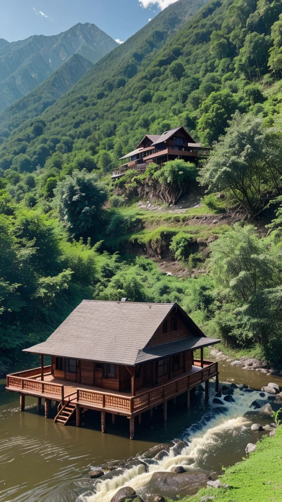 A house which is in the middle of the forest and there is a river near that house and mountains behind us ghar ke 4k image