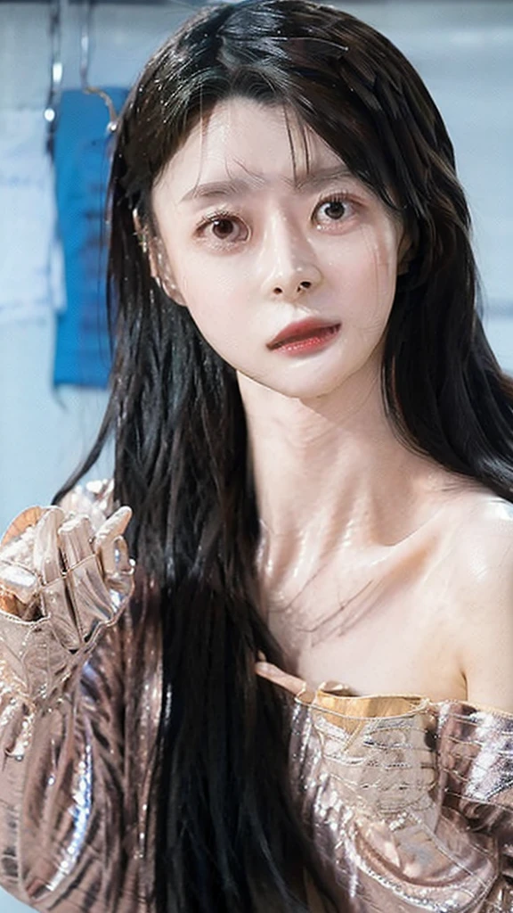 A beautiful Japanese girl with long brown hair, detailed realistic eyes, nose, and lips, a slim and attractive figure with a supermodel physique, posing shyly in front of a wall covered in flowers, with a wide shot capturing her whole body including her large, detailed breasts, and a slightly open stance revealing a subtle erotic gap between her legs, all rendered in a surrealistic, high-quality, ultra-detailed photorealistic style.