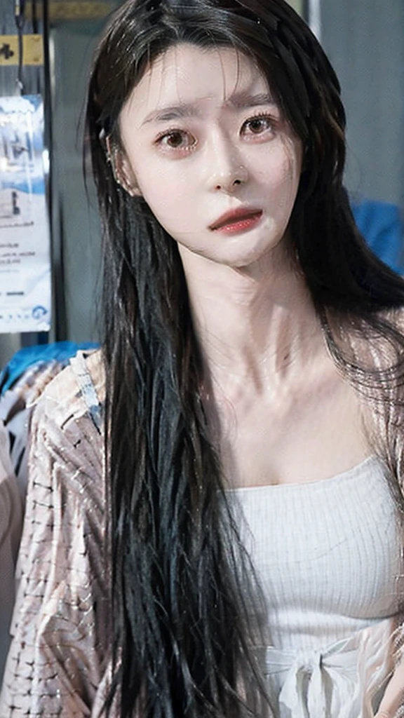 A beautiful Japanese girl with long brown hair, detailed realistic eyes, nose, and lips, a slim and attractive figure with a supermodel physique, posing shyly in front of a wall covered in flowers, with a wide shot capturing her whole body including her large, detailed breasts, and a slightly open stance revealing a subtle erotic gap between her legs, all rendered in a surrealistic, high-quality, ultra-detailed photorealistic style.