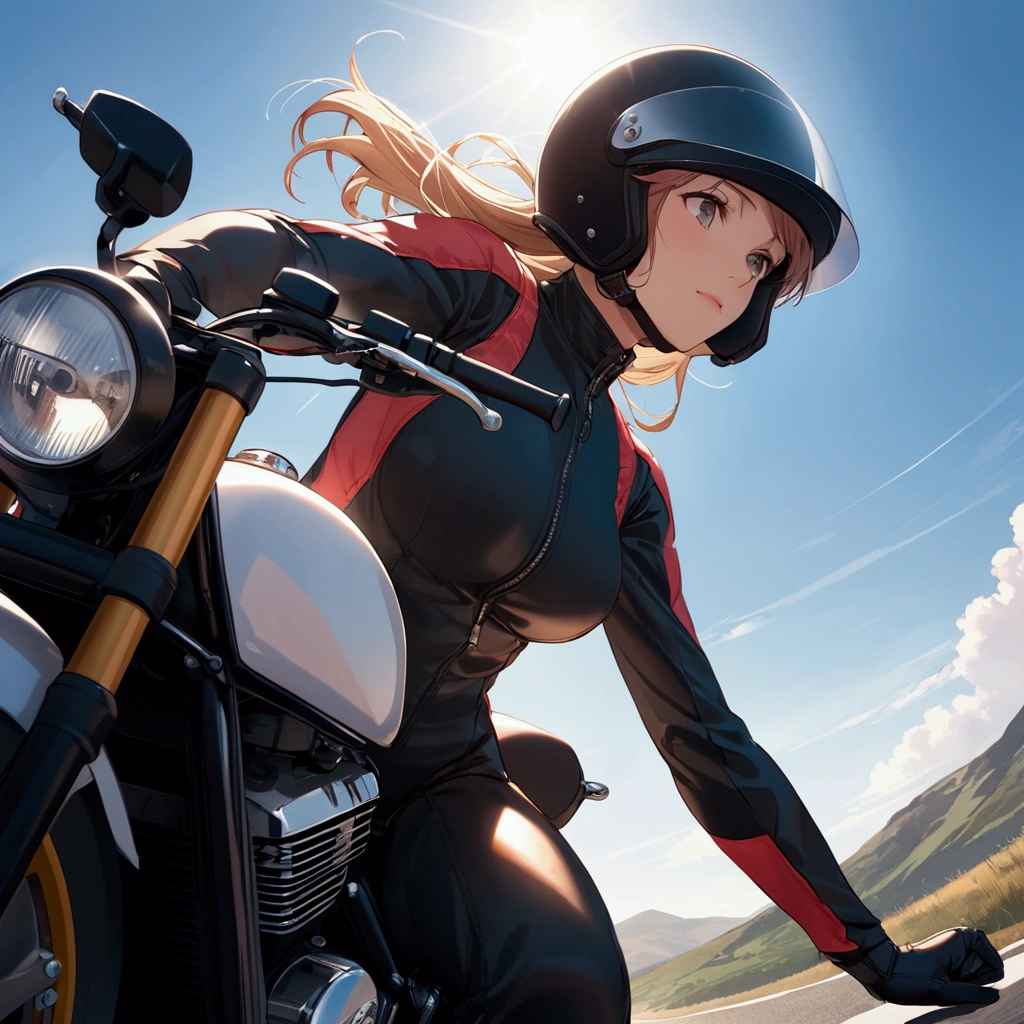 バイクに乗る女性、フルフェイスヘルメット、ライダースーツ、ローアングル - SeaArt AI