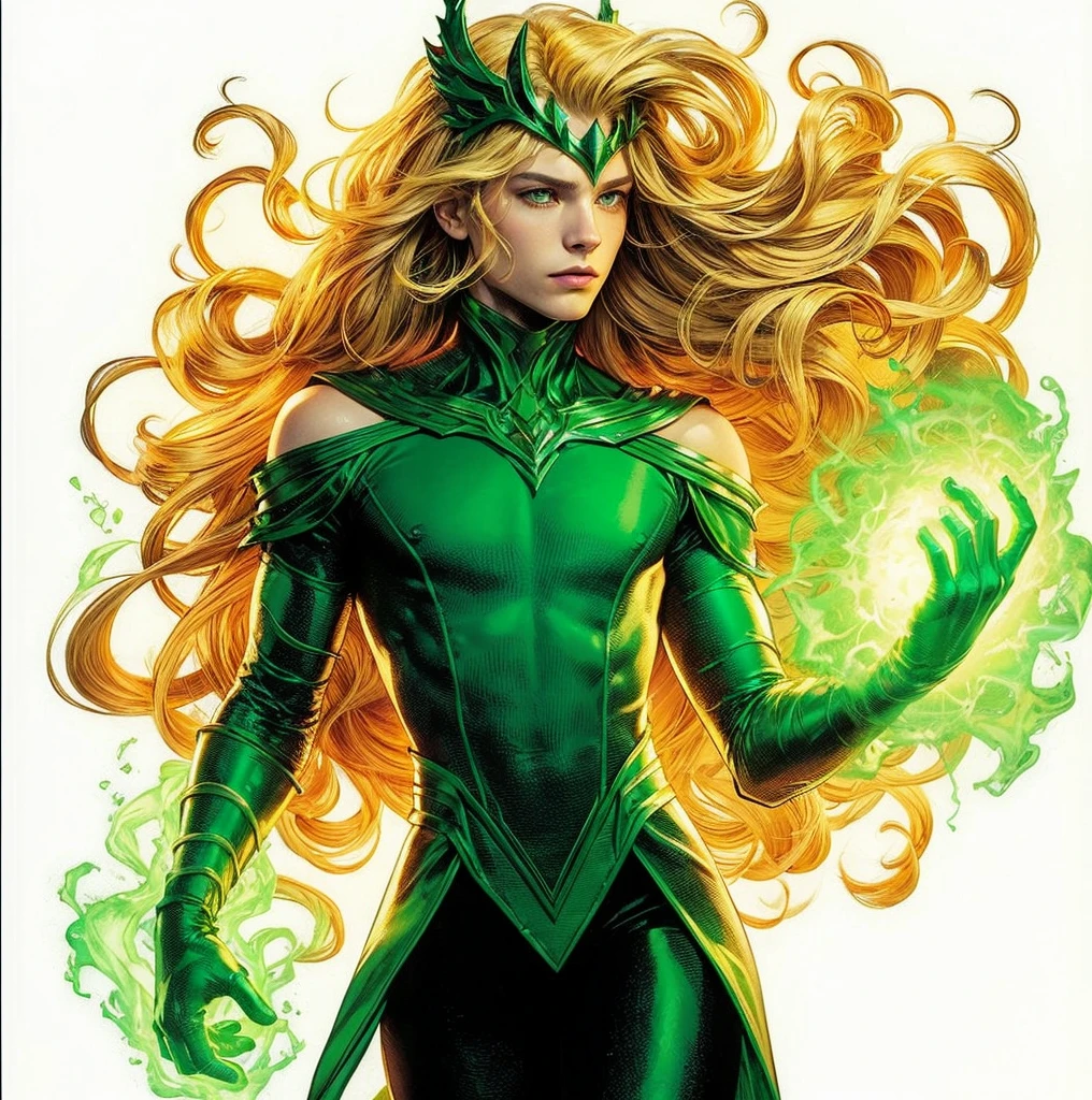 American classic comics art: Enchantress young boy, very young man ethereal delicate, long bright yellow blond hair with beautiful waves, green helmet tiara on his forehead, strong-green sleeveless enchanting wizard outfit delicate, long gloves, covered neck, emerald-green fire magic energy sphere, very young face man, green eyes, tight dark green leggings, The Enchantress Marvel outfit man, classic medieval enchanting man, comic book