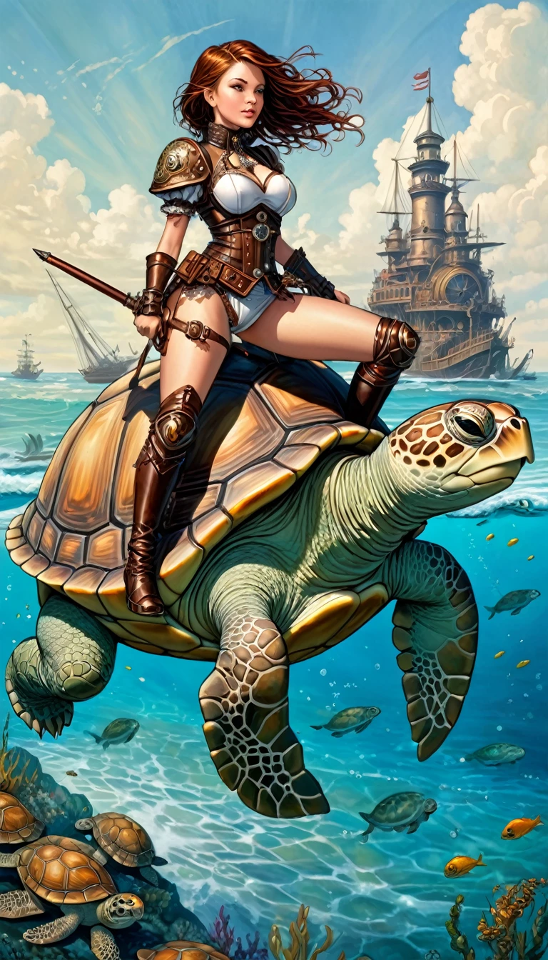 girl standing on top of a turtle, warrior girl, sexy, steampunk armor, riding a turtle, sea, magic, fantastic,background, (art inspired by Geoff Darrow, intricate details, oil painted )
