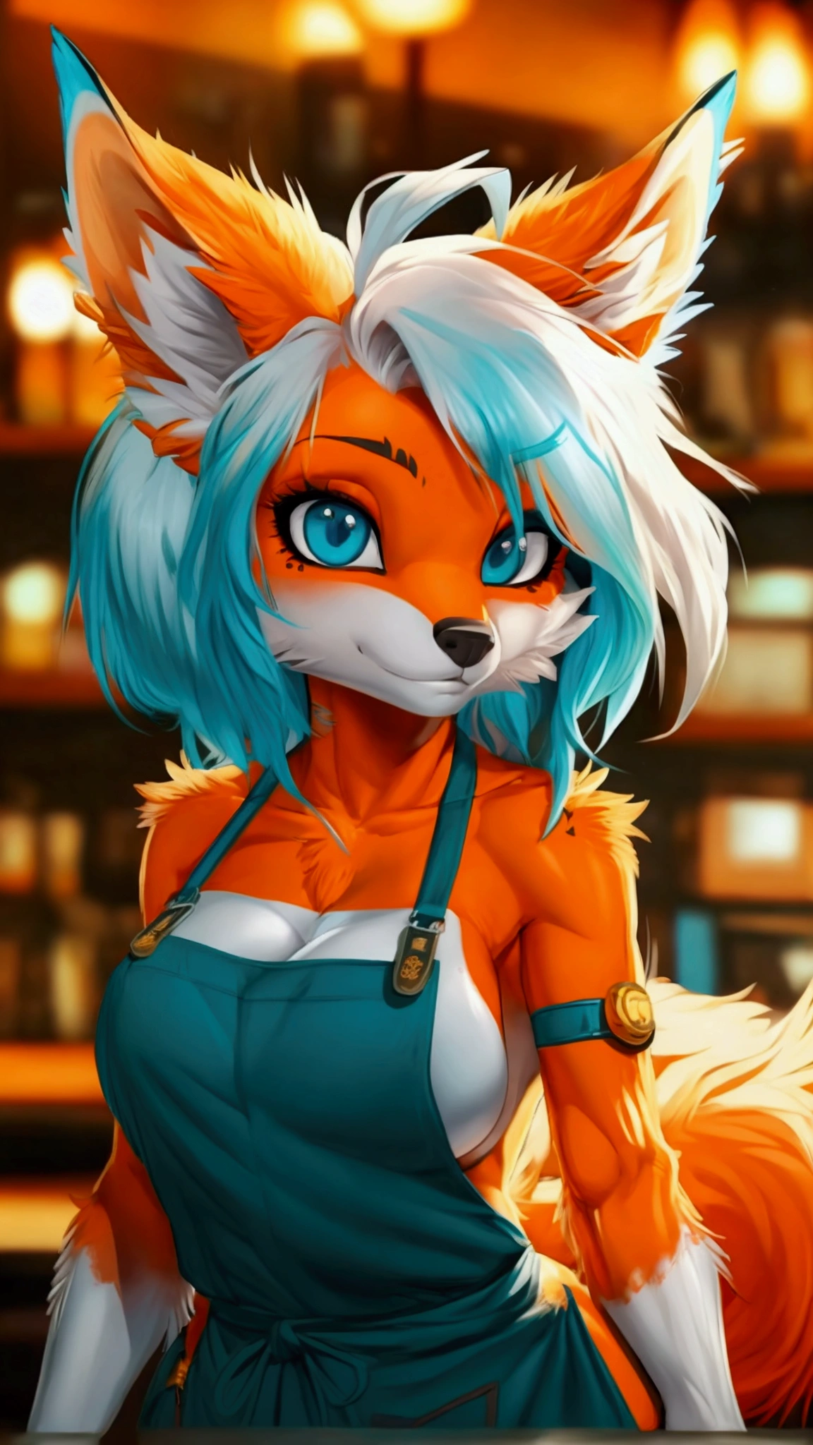 (anthro)) vixen/fox, by cervina_7, Best Quality, masterpiece,, Illustration, Wallpaper,1girl in, Solo, orange fur, white hair, mohawk on one side, ,mohawk haircut, the end tips of hair are aqua blue, dot piercings 3 in 2 row down her snoot, multipule golden ear piercings , golden yellow eyes, glowing eyes, Beautiful detailed girl, extremely detailed eye and face, black dragon tattoo on her arm, tattoos, Beautiful detailed eyes, natural_Lighting, Looking at Viewer, Thick_thighs, big ass, tall, hourglass figure, female, cute, Starbuck, casher, barista, Starbucks apron, large breasts, natural breasts, tail, tall, happy expresion, wide hips thin waist, 8k