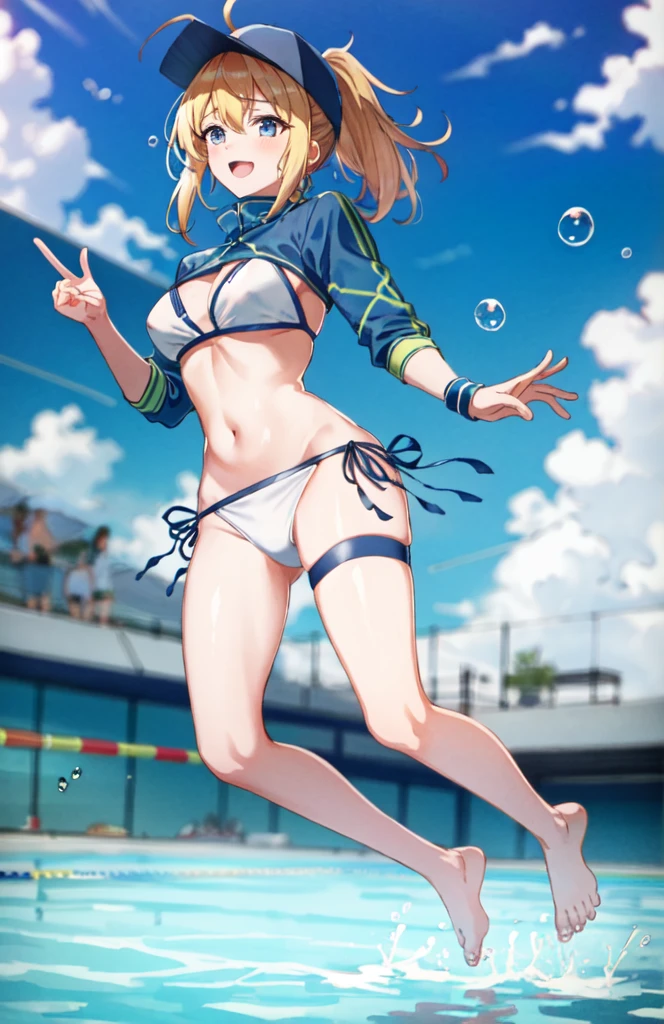 absurdres, best_quality, uhd, 5k, (masterpiece:1.4), (best quality:1.4), realistic, 1girl, smile, mysterious heroine xx \(fate\), ahoge, ((baseball cap)), blue headwear, hair through headwear, (white bikini), (medium breasts), (leg band), garter, (wristband), bare legs, barefoot, in a pool, water droplets, rambunctious, exciting, party, swimming inside a pool, (((swimming, underwater))), submerged, air bubbles, concrete, sky above