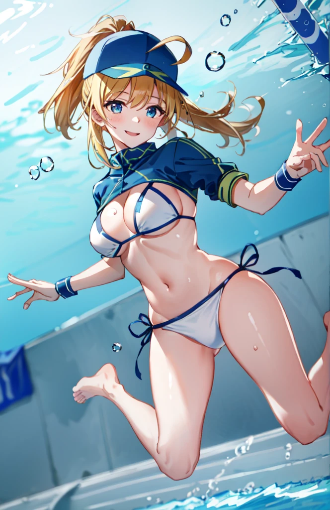 absurdres, best_quality, uhd, 5k, (masterpiece:1.4), (best quality:1.4), realistic, 1girl, smile, mysterious heroine xx \(fate\), ahoge, ((baseball cap)), blue headwear, hair through headwear, (white bikini), (medium breasts), (leg band), garter, (wristband), bare legs, barefoot, in a pool, water droplets, rambunctious, exciting, party, swimming inside a pool, (((swimming, underwater))), submerged, air bubbles, concrete, sky above