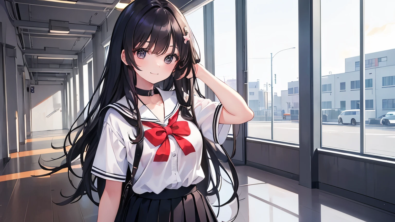 Super delicate cute girl in school uniform with black hair、a junior high school student、14years、8K Ultra High Definition, Delicate texture, Medium Hair、‎Classroom、with blush cheeks、Brightly colored clothing、Orange eyes、Holding a condom in your hand