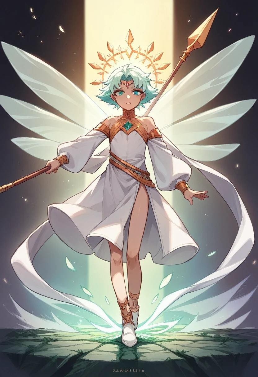 Score_9, score_8_up, score_7_up, source_anime, 1 boy, young boy, spear, divine, aura Lust, fairy aura, femboy, Adam, angels, first man.