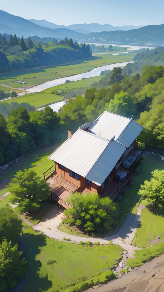 A house which is in the middle of the forest and there is a river near that house and mountains behind us ghar ke 4k image