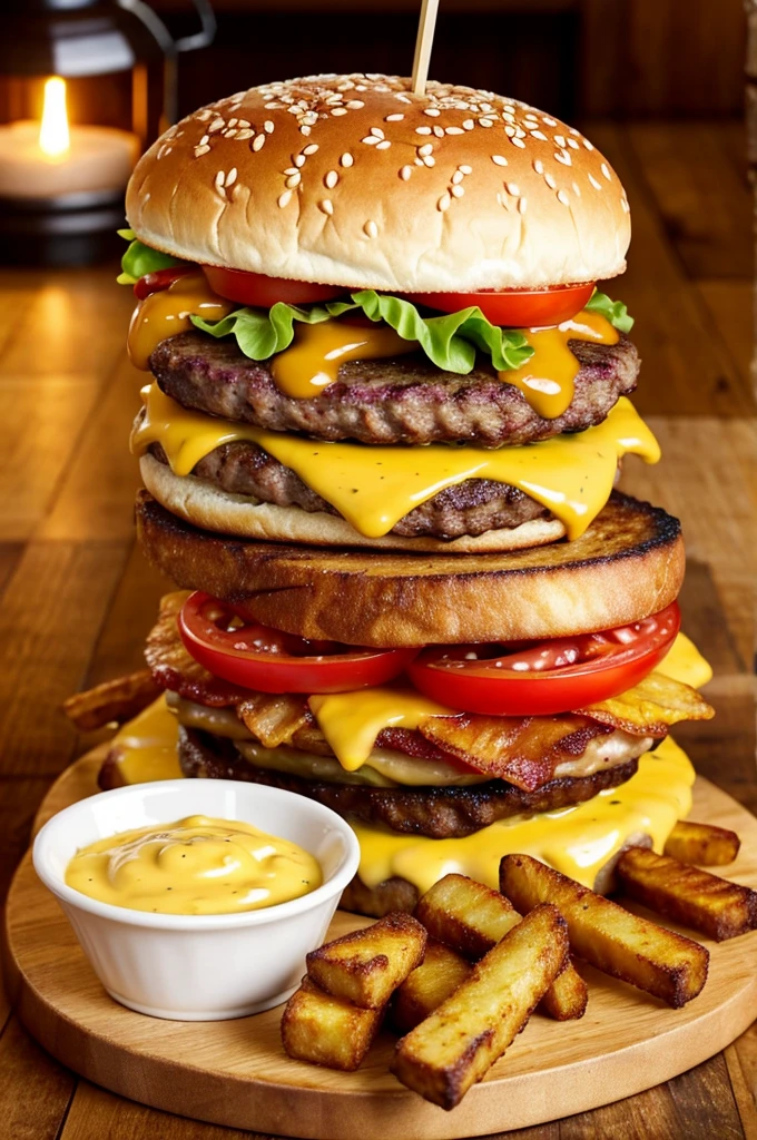 "A delicious, juicy hamburger with a perfectly toasted bun, fresh lettuce, ripe tomato slices, melted cheese, and crispy bacon, served on a rustic wooden board with a side of golden, crispy fries and a small bowl of ketchup. The background features a warm, inviting ambiance of a modern burger joint, with soft lighting and wooden tables. Include a sign or text that says 'Special Offer' in bright, eye-catching colors like red and yellow.",
"size": "1792x1024",
"n": 1
