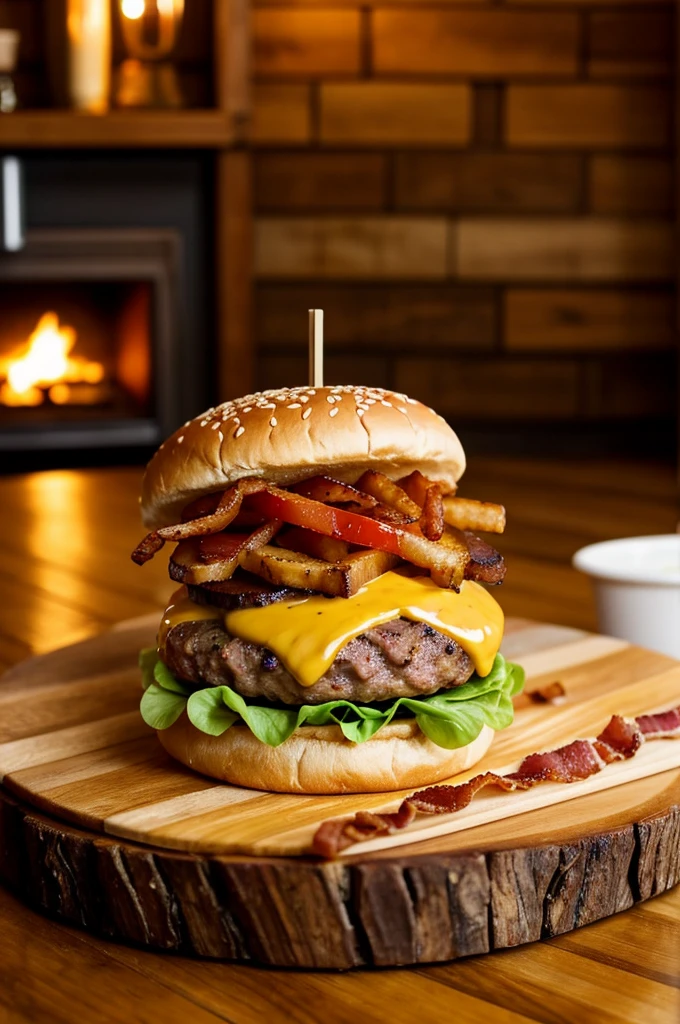 "A delicious, juicy hamburger with a perfectly toasted bun, fresh lettuce, ripe tomato slices, melted cheese, and crispy bacon, served on a rustic wooden board with a side of golden, crispy fries and a small bowl of ketchup. The background features a warm, inviting ambiance of a modern burger joint, with soft lighting and wooden tables. Include a sign or text that says 'Special Offer' in bright, eye-catching colors like red and yellow.",
"size": "1792x1024",
"n": 1