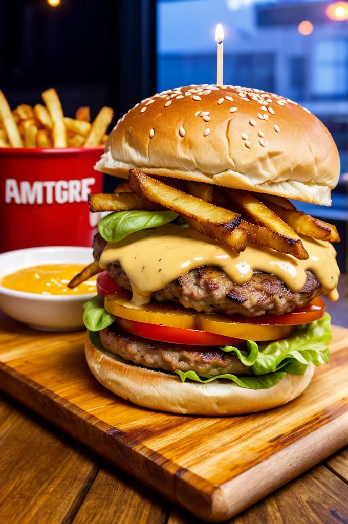 "A delicious, juicy hamburger with a perfectly toasted bun, fresh lettuce, ripe tomato slices, melted cheese, and crispy bacon, served on a rustic wooden board with a side of golden, crispy fries and a small bowl of ketchup. The background features a warm, inviting ambiance of a modern burger joint, with soft lighting and wooden tables. Include a sign or text that says 'Special Offer' in bright, eye-catching colors like red and yellow.",
"size": "1792x1024",
"n": 1