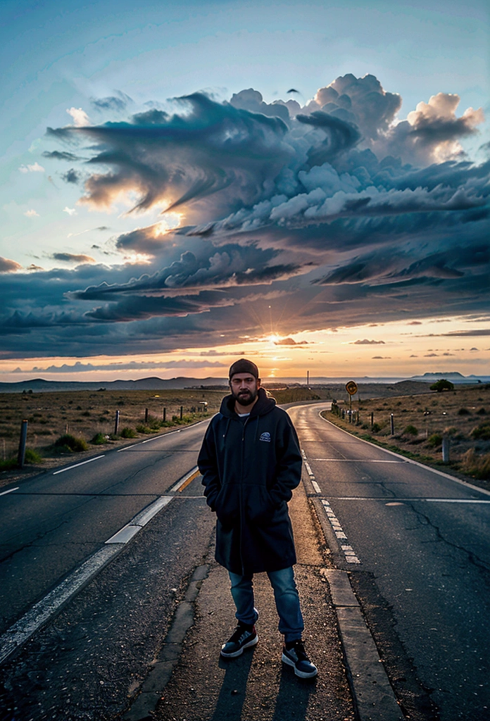 a latin man, 28 years old dark, without so much front, with medium comb over haircut, for the side and beard black, Warmly dressed in a hooded sweatshirt, he looks at the horizon and thinks about his entire life., 1 man on the scene in the distance, far has to be far, in the middle of a road. calm and peaceful composition, wide angle camera scene, contemplative scene, full body shot, cloudy , movie perspective, High Definition, photorealistic