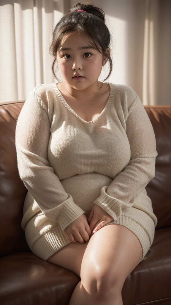 a 10 year old obese girl, chubby cheeks, round face, double chin, thick arms and legs, wearing a , sitting on sofa, realistic, detailed, highly detailed, intricate details, photorealistic, 8k, masterpiece, cinematic lighting, dramatic shadows, vibrant colors