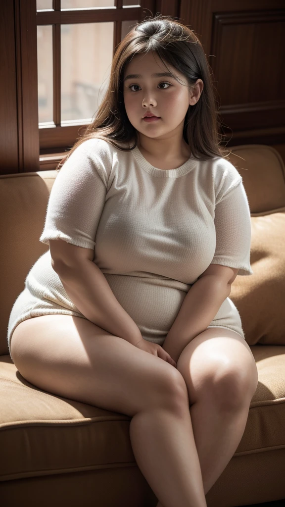 a 10 year old obese girl, chubby cheeks, round face, double chin, thick arms and legs, wearing a , sitting on sofa, realistic, detailed, highly detailed, intricate details, photorealistic, 8k, masterpiece, cinematic lighting, dramatic shadows, vibrant colors