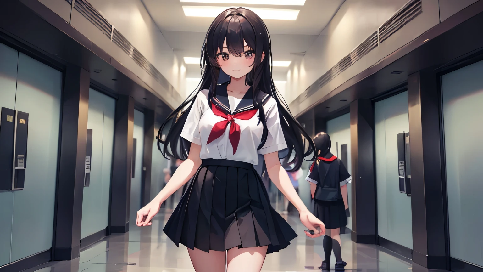 Girl characters,masterpiece, best quality, 1 girl, Long-term_hair, facing the audience,黑色hair, black eyes,, Bangs, 黑色skirt, White school uniform,White short sleeves, skirt,Smile,Red collar in school corridor,There are good students behind
