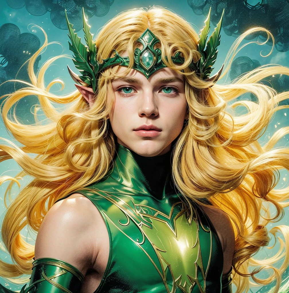 American classic comics art: Enchantress young boy, very young man ethereal delicate, long bright yellow blond hair with beautiful waves, green helmet tiara on his forehead, strong-green sleeveless enchanting wizard outfit delicate, long gloves, covered neck, emerald-green fire magic energy sphere, very young face man, green eyes, tight dark green leggings, The Enchantress Marvel outfit man, classic medieval enchanting man, comic book