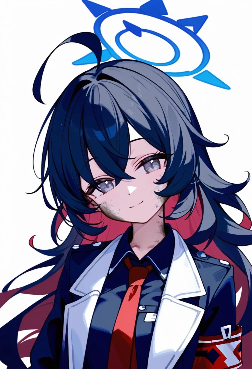 masterpiece, (check_9, check_8_up, check_7_up), 1 girl, Iroha_\(blue_archive\), 1 girl, black hair, короткий hair, dirty hair, blue eyes, small smile, inexpressive, long_sleeves, ahoge, Red tie, black shirt, red armband, collared shirt, blue halo, black skirt, black raincoat, upper body, portrait, hands at sides, head tilt, White background, masterpiece, Best quality
