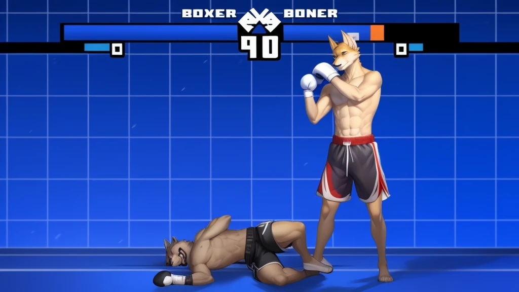 a detailed picture of a boxing match (male anthros, two boy), slim body, slim features, in a boxing ring, Ross Tran, ruan jia, trending on artstation, foxovh,User Interface of Fighting game, Crisis, assorted poses, assorted expression, full body, sound effects, motion blur, from side, ((yellow wolf, blue shorts, knocked out on the floor)), (((gray wolf, white shorts, boxing pose))) “VS”
