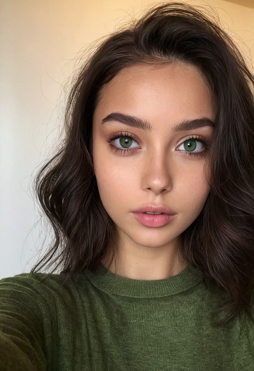 Femme latina  avec un pull noir  aux yeux verts, portrait sophie mudd, cheveux bruns et grands yeux, Selfie d’une jeune femme, Yeux de chambre, violette myers, sans maquillage, Maquillage naturel, Regarder directement la caméra, Visage avec Artgram, Maquillage subtil, Superbe photo du corps entier, yeux verts perçants, Bel angle, pose attrayante, fille mignonne, pose sexy, Image du corps entier, corps entier, Prise de vue du corps entier, Déesse brune, détail élevé, pose satisfaite, Pantalon en cuir