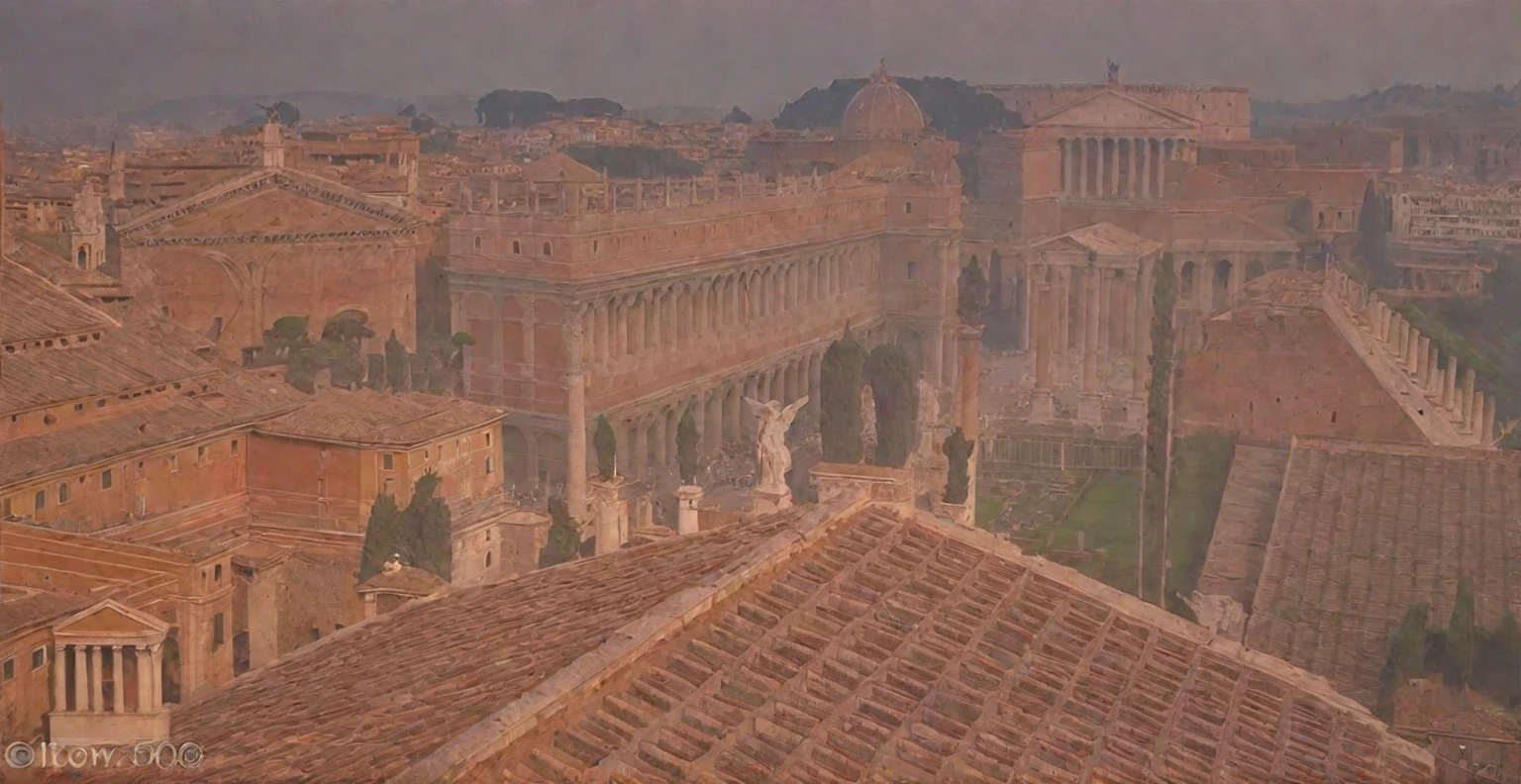 arafed view of a city with a lot of buildings and a clock tower, roman city, rome, ancient rome, rome in background, eternal city, roma, roman monuments, ancient roman setting, rome backdrop, roman historic works, market in ancient rome, old roman style, colosseo, city ruins in the background, ancient roman style, view from slightly above