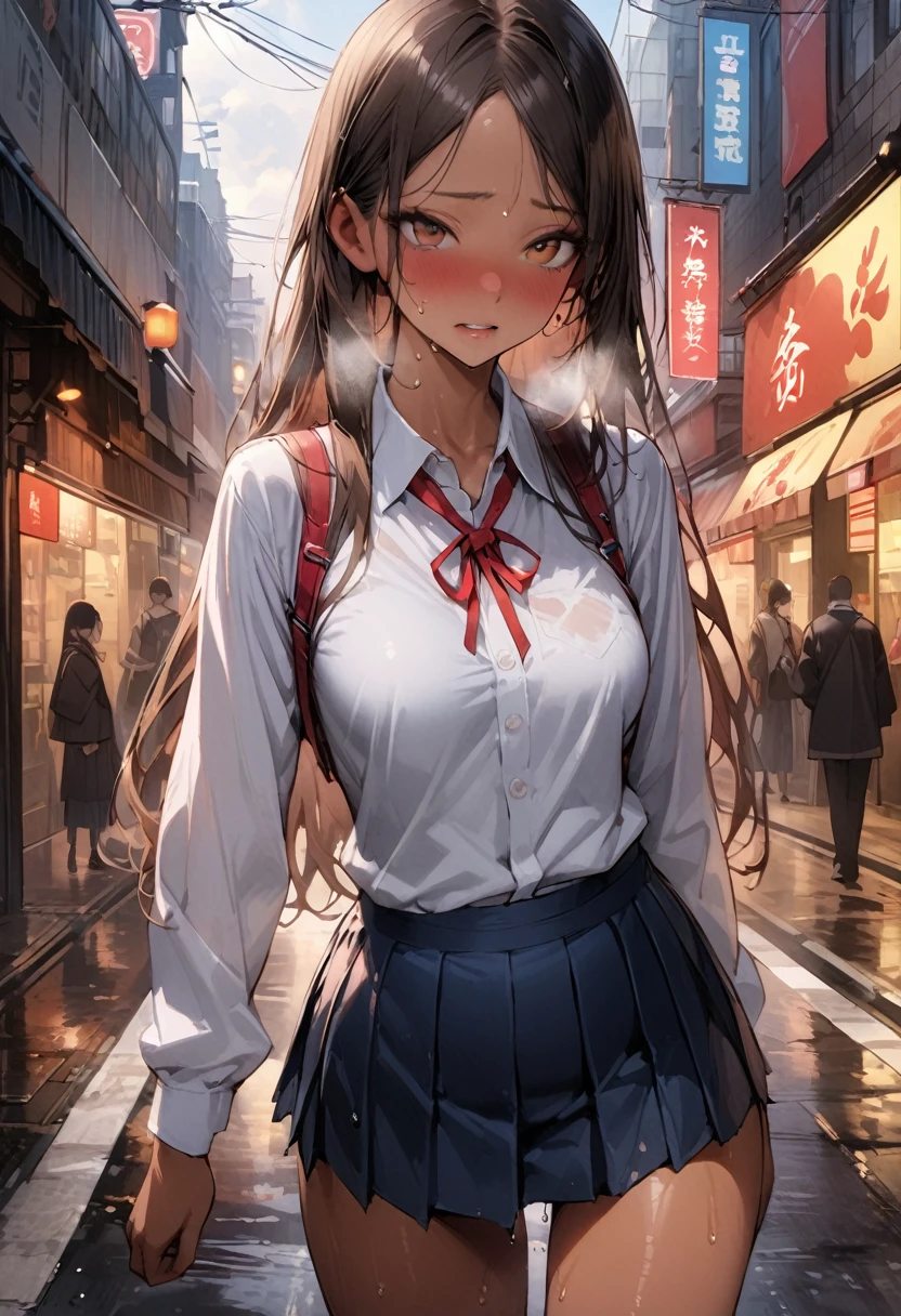 ((masterpiece,Highest quality:1.3,best quality illustration,realistic:1.2)),cowboy shot,独奏,1woman,(18-year-old、Japanese Beauty)、brown hair,long hair,(center parted bangs),brown eyes,gorgeous eyes,((very small head:1.3)),shy,Heavy breathing,((very long body:1.2,skinny)),medium breasts,(tan skin),(Red ribbon tie、White collared shirt、Long sleeve navy blue pleated mini skirt),gleaming skin,toned body,slender body、Wet crotch、sweat,on street,Shibuya、Modern Tokyo、