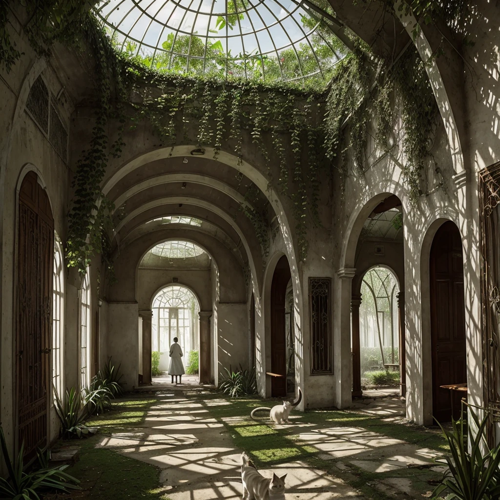 The Pavilion of a psychiatric hospital, its walls are white and worn, agitated: Female patients walk around the pavilion, with feline features on their faces and cat tails: The back wall has collapsed and beyond you can see lush vegetation beginning to enter the hospital.. All with the surreal style of Remedios Varo and Leonora