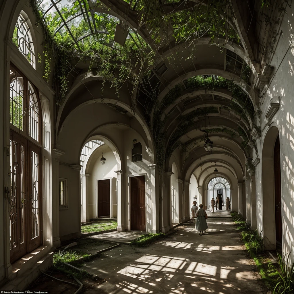 The Pavilion of a psychiatric hospital,  its walls are white and worn, agitated: Female patients walk around the pavilion, with feline features on their faces and cat tails: The back wall has collapsed and beyond you can see lush vegetation beginning to enter the hospital.. All with the surreal style of Remedios Varo and Leonora