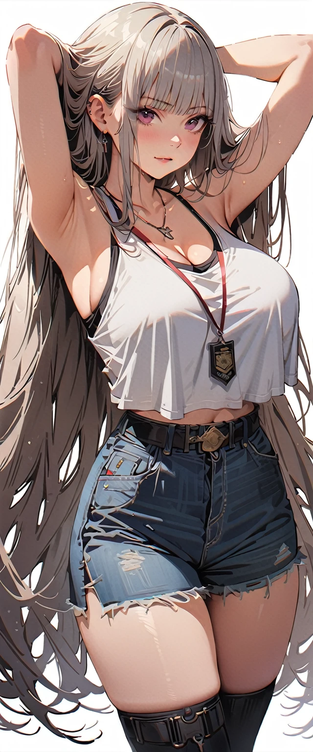 20 years old,1 mature woman,hyperrealistic, 8k, (extremely detailed 8k), (very delicate and beautiful), (masterpiece), (better quality:1.0), (ultra high resolution:1.0), (masterpiece, best quality),cute,white hair,model posing,white background,realistic skin,Combat Readiness,big breast,hime cut,black nail,extra long hair,police officer,full body,arms behind head