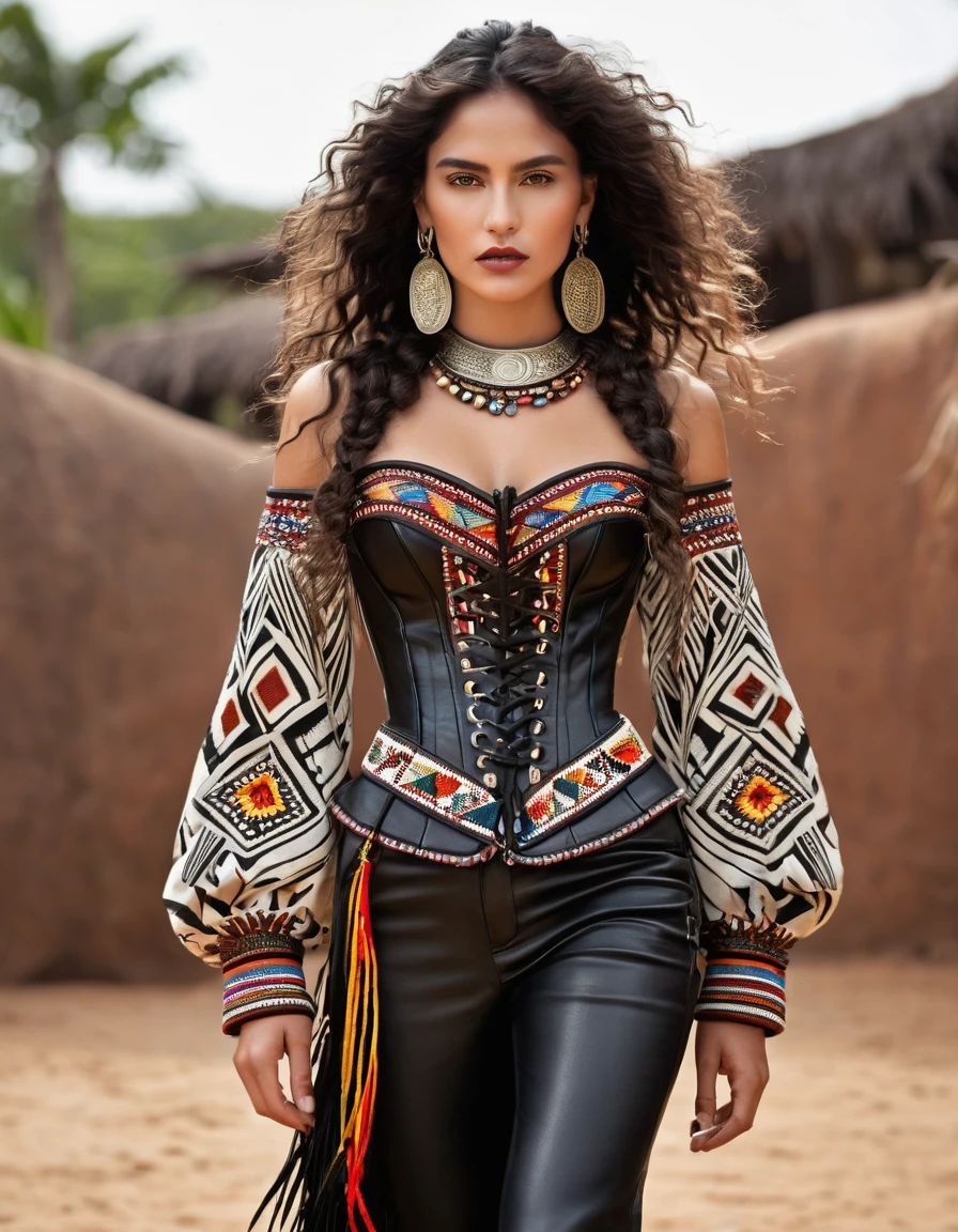 ### karen: Loud Voice
**Hair**: rubio, long and curly to the waist.

**outfit**: 
karen lleva pantalones negros pegados de cuero o material similar, fitted to the body with indigenous embroidery details on the sides. His white shirt has hand-painted Muisca details on the shoulders and chest., with long fique hanging from the sleeves. on, wear a black or brown leather corset, decorated with indigenous patterns and metal buckles.

**accessories**: 
Necklaces and bracelets with Colombian indigenous motifs, facts from seeds, natural stones and colored beads. Wide belts decorated with indigenous embroidery and large buckles. Seed and feather headdresses, with small wooden or metal pendants.

**shoes**: 
Black or brown military boots, robust and comfortable, with metal details.

**make-up**: 
Smokey eyes combining terracotta colors, gold and black for a dramatic look. intense red lips.

**Additional details**: 
Indigenous embroidery on clothing, especially in pants and corset. Long asymmetrical skirts over pants with fringes or feathers. colored ribbons in hair, braided and loose, adding movement and color