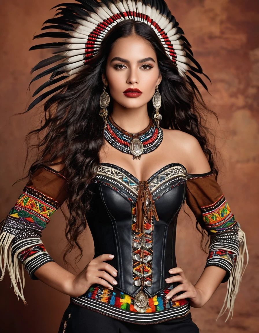 ### karen: Loud Voice
**Hair**: rubio, long and curly to the waist.

**outfit**: 
karen lleva pantalones negros pegados de cuero o material similar, fitted to the body with indigenous embroidery details on the sides. His white shirt has hand-painted Muisca details on the shoulders and chest., with long fique hanging from the sleeves. on, wear a black or brown leather corset, decorated with indigenous patterns and metal buckles.

**accessories**: 
Necklaces and bracelets with Colombian indigenous motifs, facts from seeds, natural stones and colored beads. Wide belts decorated with indigenous embroidery and large buckles. Seed and feather headdresses, with small wooden or metal pendants.

**shoes**: 
Black or brown military boots, robust and comfortable, with metal details.

**make-up**: 
Smokey eyes combining terracotta colors, gold and black for a dramatic look. intense red lips.

**Additional details**: 
Indigenous embroidery on clothing, especially in pants and corset. Long asymmetrical skirts over pants with fringes or feathers. colored ribbons in hair, braided and loose, adding movement and color