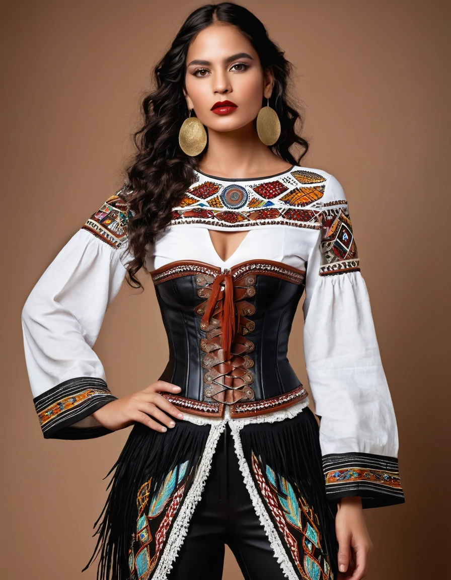 ### karen: Loud Voice
**Hair**: rubio, long and curly to the waist.

**outfit**: 
karen lleva pantalones negros pegados de cuero o material similar, fitted to the body with indigenous embroidery details on the sides. His white shirt has hand-painted Muisca details on the shoulders and chest., with long fique hanging from the sleeves. on, wear a black or brown leather corset, decorated with indigenous patterns and metal buckles.

**accessories**: 
Necklaces and bracelets with Colombian indigenous motifs, facts from seeds, natural stones and colored beads. Wide belts decorated with indigenous embroidery and large buckles. Seed and feather headdresses, with small wooden or metal pendants.

**shoes**: 
Black or brown military boots, robust and comfortable, with metal details.

**make-up**: 
Smokey eyes combining terracotta colors, gold and black for a dramatic look. intense red lips.

**Additional details**: 
Indigenous embroidery on clothing, especially in pants and corset. Long asymmetrical skirts over pants with fringes or feathers. colored ribbons in hair, braided and loose, adding movement and color
