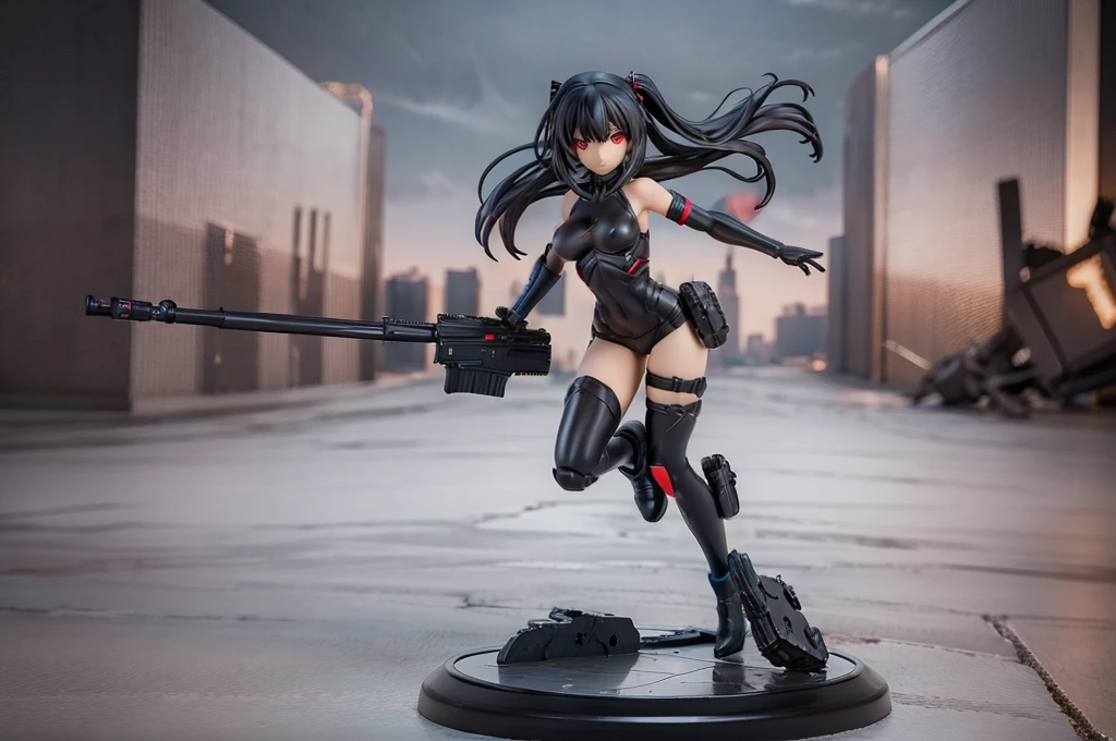 posable articulated figure of anime girl wearing full body heavy tactical black suit, with red eyes and loose straight black hair, carrying a black tactical assault rifle in his hands, in a ready to attack pose, with a destroyed city in the background