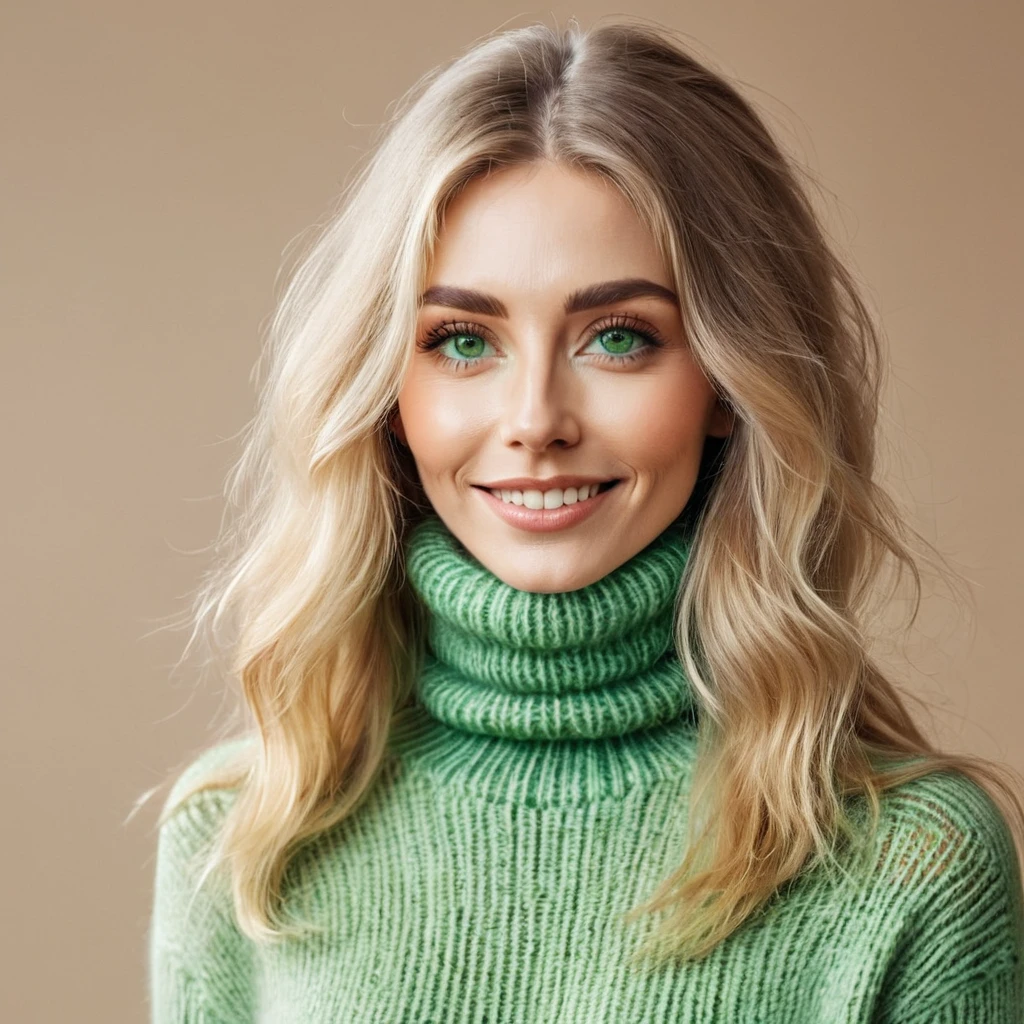 shaggy bearded woman with huge beard, blonde long hair, light dream green eyes, skinny anorexic wears a turtleneck sweater, happy to receive her minoxidil package