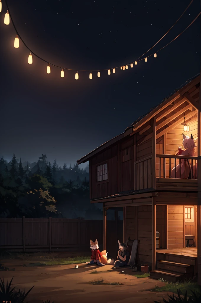 （Dagashi：1.1），doghouse,night,dark,Red collar,8K resolution fox boy and girl,