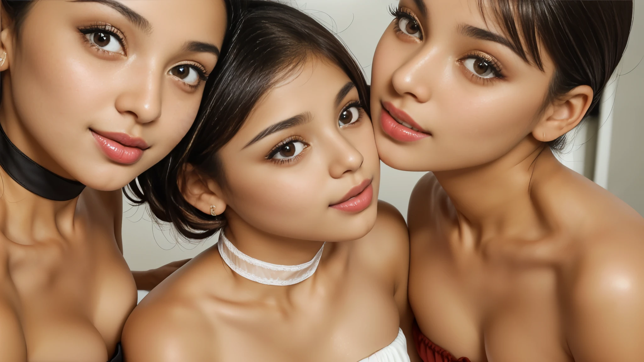 Three girls, (cute white arab women, 25 years old, round face shape, small nose, thin nose, thin nostril, small nose-tip, beautiful small delicate nose, (very thin) round eyebrows, (very thin eyebrows), perfect thin lips, red lipstick, (big) (round) feminine cheeks, cheek dimples, very cute cheeks, prominent round:1.8 cheekbones, clean skin, tan:1.8 skin, black short hair, choker, big brown (drop) eyes, wearing a (white) strapless mini dress) smiling), (kissing:1.2), (Masterpiece), (Realistic), (best quality), (8K), ultra detailed, UHD, RAW,