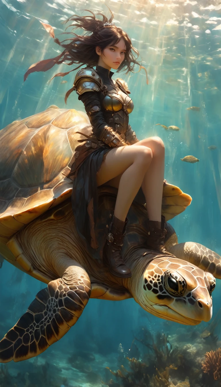 girl standing on top of a turtle, warrior girl, sexy, steampunk armor, riding a turtle, sea, magic, fantastic,background, (art inspired by Bill Sienkiewicz, intricate details, oil painted )