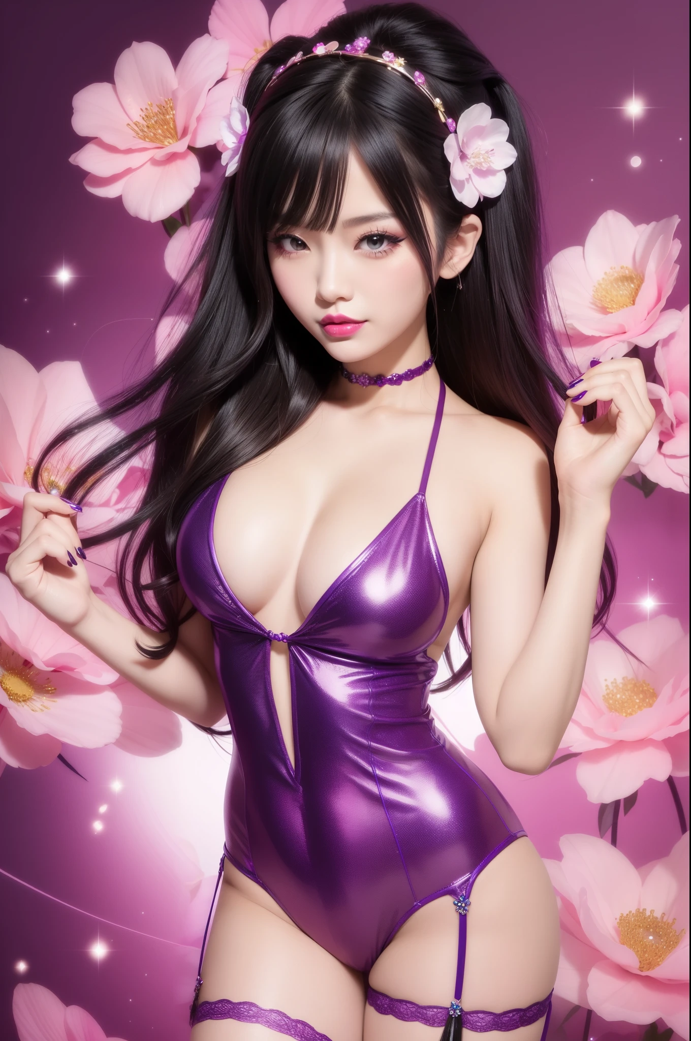sexy Japanese model who controls poison、beautiful smile、lipgloss、bold lipstick、intense makeup、look at the camera、full body Esbian、、sparkling poisoned flower costume、、、、sparkling Colorful hair、secrete poison、skull hair accessories、sexy tights、shiny sparkling flowers background