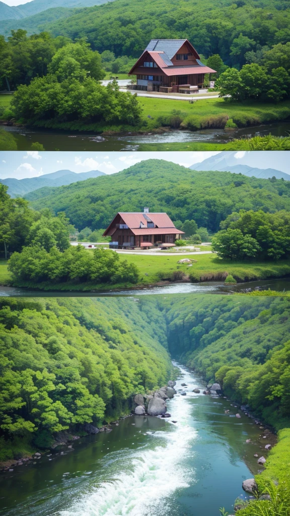 A house which is in the middle of the forest and there is a river near that house and mountains behind us ghar ke 4k image