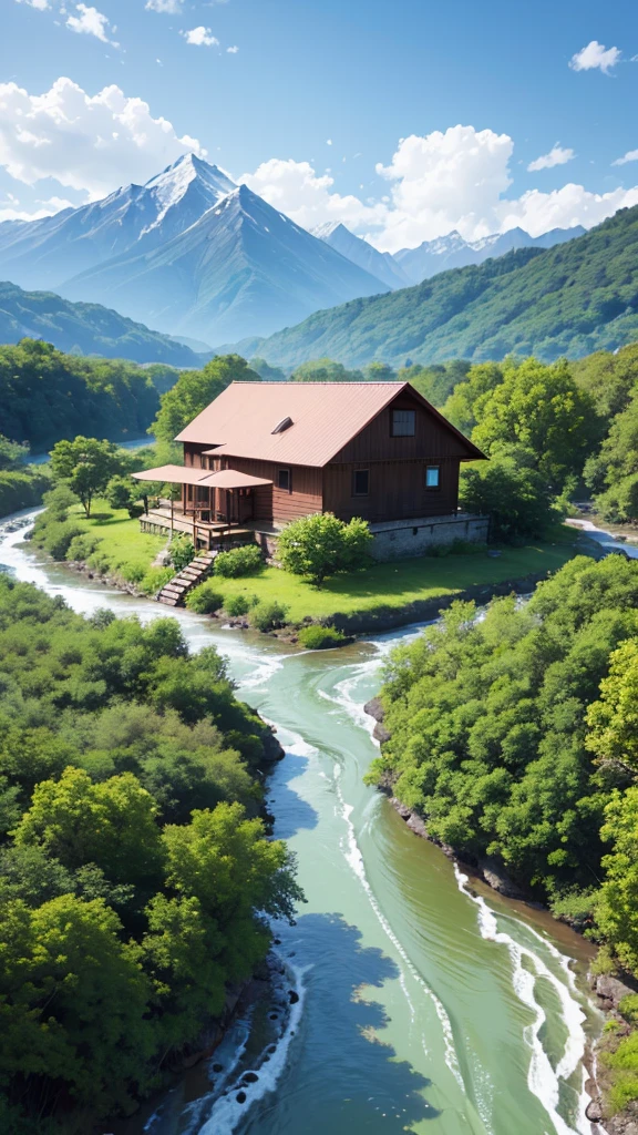 A house which is in the middle of the forest and there is a river near that house and mountains behind us ghar ke 4k image 